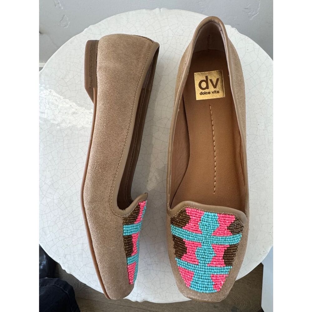 Dolce Vita Tan Suede Southwestern Beaded Turquoise Coral Colorful Loafers Size 9